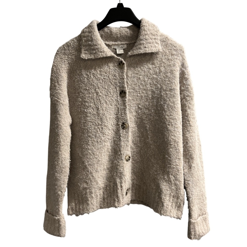Rachel Zoe Cardigan Sweater Women M Grey Fuzzy Knit Button Down Soft Cozy Lounge